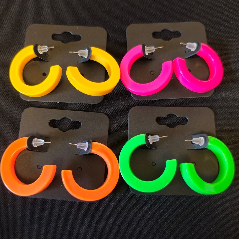 Set of 4 Hoop Earrings 1.2" Retro 1980s Neon Chunky Pierced Acrylic Gift Bag Y2K